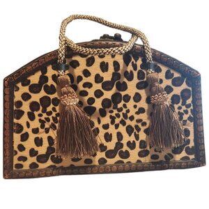 Vintage Wooden Leopard Print Box Purse W/ Braided Handles & Tassels Unique Desig